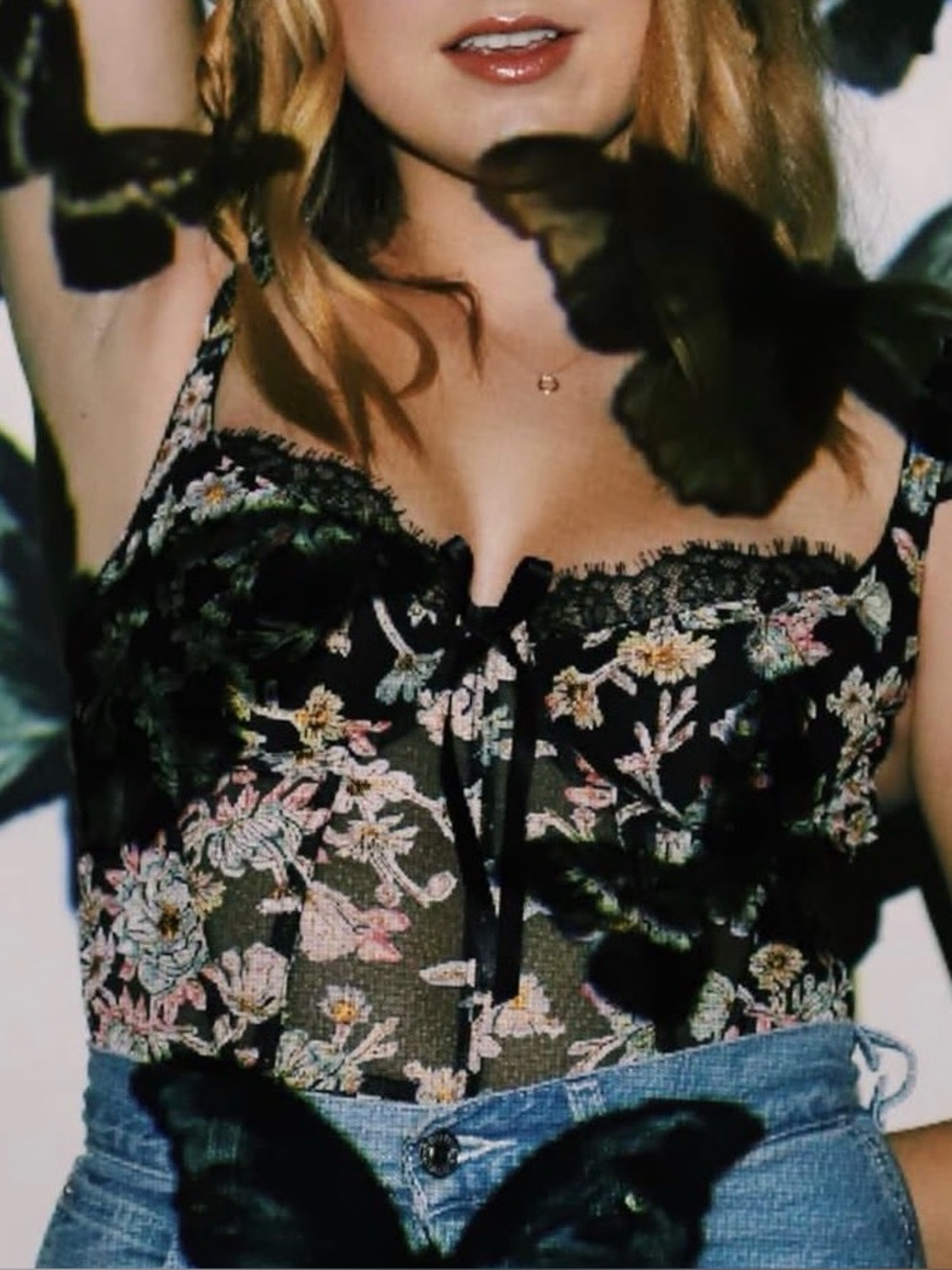 For Love & Lemons Black Floral Lace Bustier Top